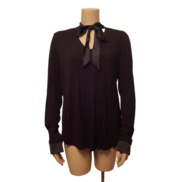 LORD & TAYLOR Classic Black V-neck Long Sleeve Blouse w Satin Neck Tie - Size L - Picture 1 of 12